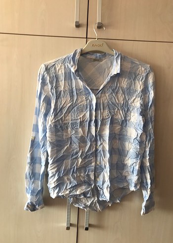 Mavi Batik Desenli Uzun Kollu Keten Gömlek