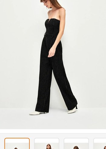 Kadın Siyah Çizgili Askısız Uzun Tulum - Görsel 5