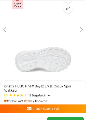 26 Beden beyaz Renk Kinetix Beyaz Erkek Çocuk Spor Ayakkabı
