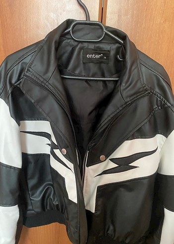 Diğer Siyah Beyaz Kadın Deri Biker Ceket