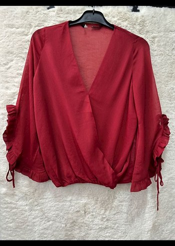 Bordo V Yaka Fırfırlı Kadın Bluz .Zara marka.. - Görsel 5