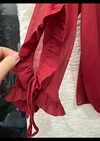 Bordo V Yaka Fırfırlı Kadın Bluz .Zara marka.. - Görsel 7