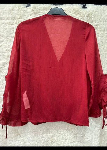 Bordo V Yaka Fırfırlı Kadın Bluz .Zara marka.. - Görsel 6