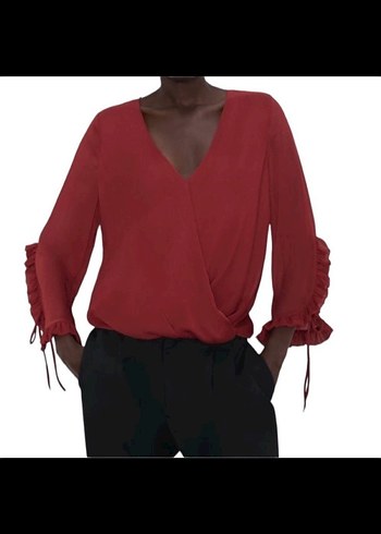 Bordo V Yaka Fırfırlı Kadın Bluz .Zara marka.. - Görsel 2