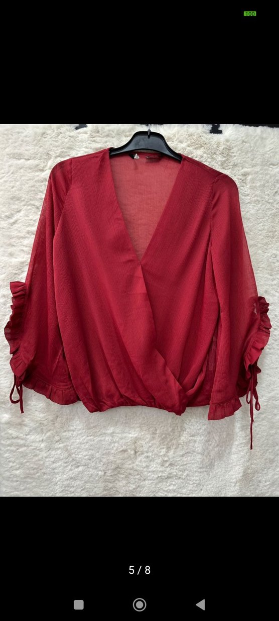 Bordo V Yaka Fırfırlı Kadın Bluz .Zara marka.. - Görsel 5