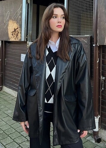 m Beden Deri cepli blazer ceket