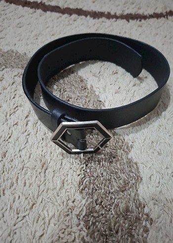 Siyah Deri Kadın Kemer Altıgen Tokalı - Görsel 2