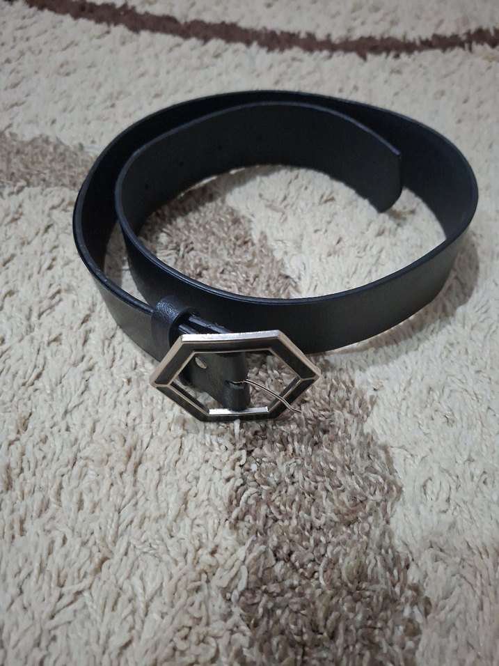 Siyah Deri Kadın Kemer Altıgen Tokalı - Görsel 2