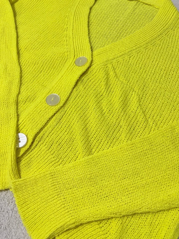 Sarı Örgü Kadın Hırka V Yaka - Görsel 2