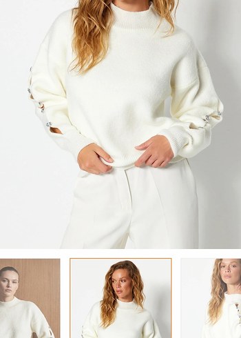 Düğmeli Beyaz Kadın Triko Kazak - Görsel 2