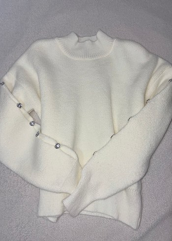 Düğmeli Beyaz Kadın Triko Kazak - Görsel 5