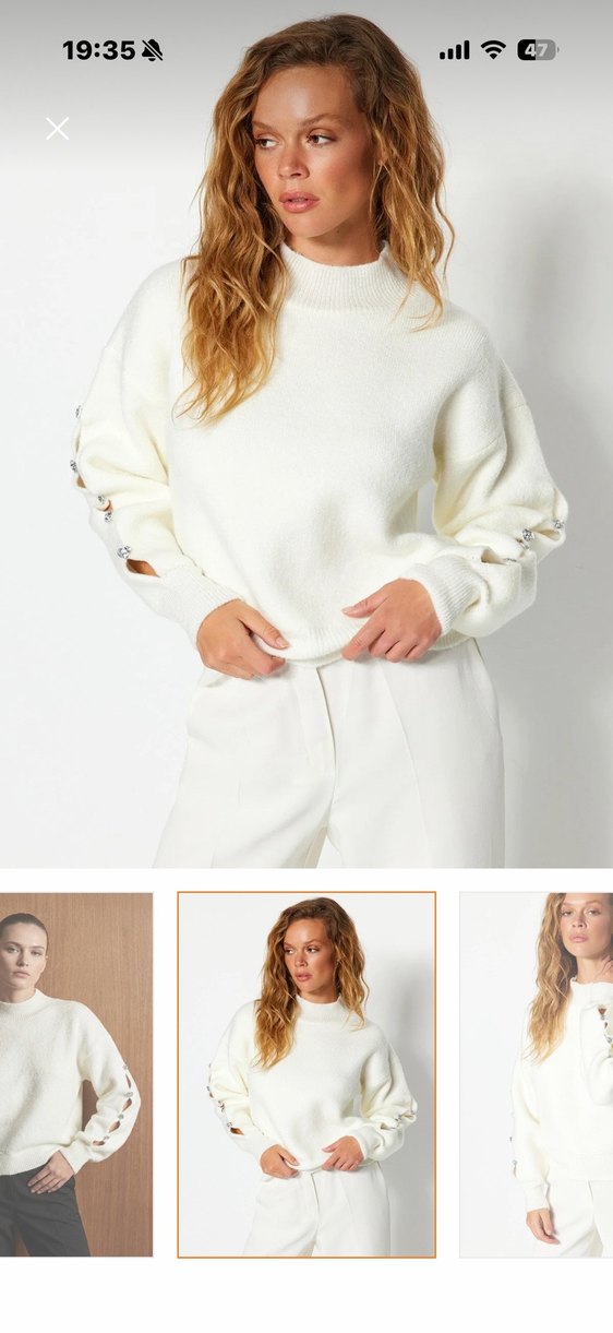 Düğmeli Beyaz Kadın Triko Kazak - Görsel 2