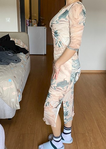 Uzun Kol, V Yaka, Bağlama Desenli Kadın Elbise - Görsel 3