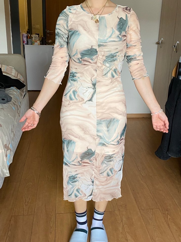 Uzun Kol, V Yaka, Bağlama Desenli Kadın Elbise - Görsel 4