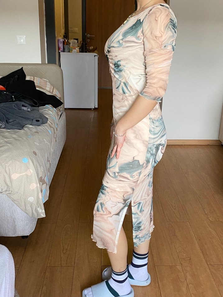 Uzun Kol, V Yaka, Bağlama Desenli Kadın Elbise - Görsel 3