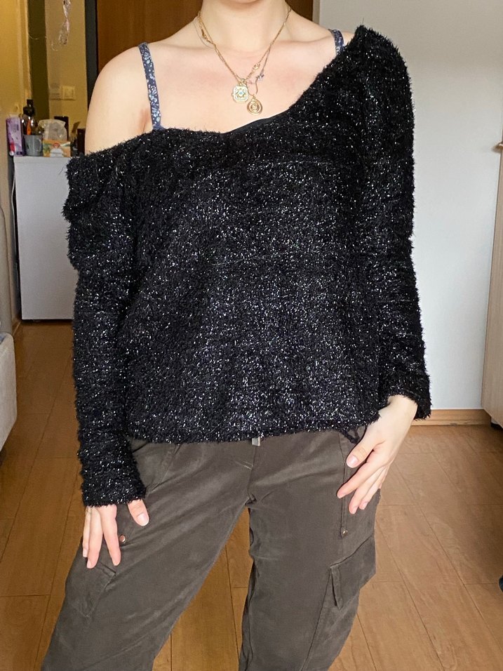 Kadın Siyah Kayık Yaka Triko Kazak - Görsel 2