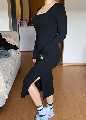 Siyah Uzun Kollu Midi Elbise - Görsel 3