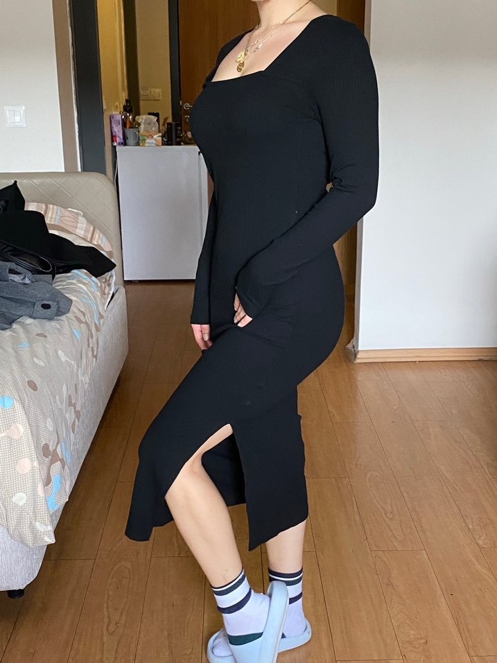 Siyah Uzun Kollu Midi Elbise - Görsel 3