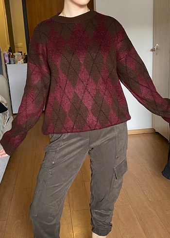 Kahverengi Bağlama Desenli Örgü Kadın Kazak - Görsel 3