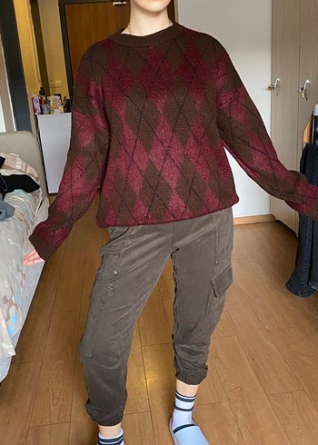 Kahverengi Bağlama Desenli Örgü Kadın Kazak - Görsel 2