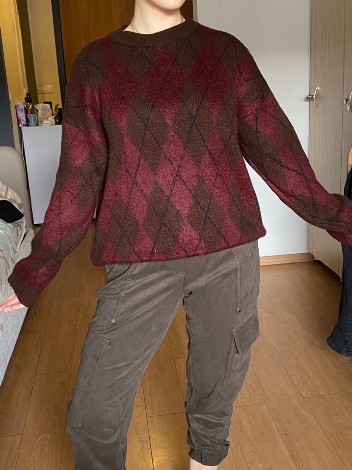 Kahverengi Bağlama Desenli Örgü Kadın Kazak - Görsel 3