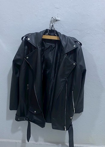 Siyah Deri Biker Ceket, Kemerli, Midi Boy