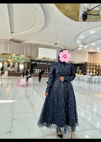 Uzun,Yüksek Yakalı Lacivert Kadın Abiye - Görsel 2