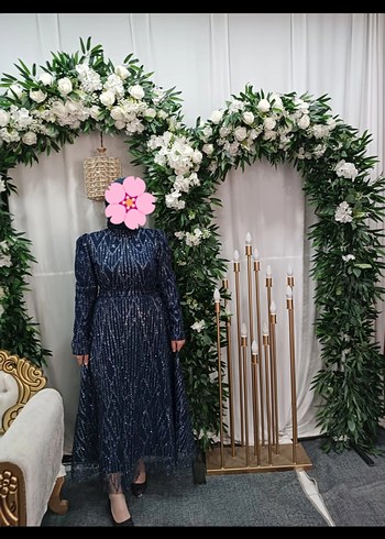 Uzun,Yüksek Yakalı Lacivert Kadın Abiye - Görsel 3