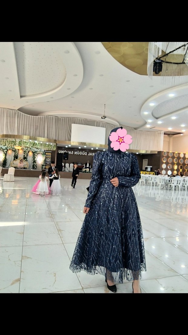 Uzun,Yüksek Yakalı Lacivert Kadın Abiye - Görsel 2