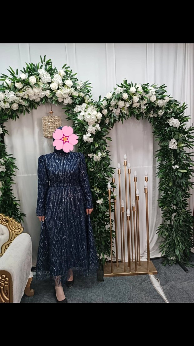 Uzun,Yüksek Yakalı Lacivert Kadın Abiye - Görsel 3