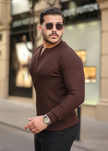 2xl Beden kahverengi Renk Erkek Kahverengi Fermuarlı İnce Triko