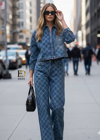 Düğmeli Mavi Denim Kadın Takım Elbise
