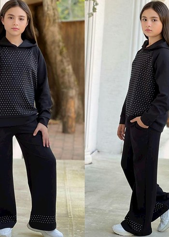 15-16 Yaş Beden Kız Siyah Puantiyeli Sweatshirt ve Eşofman Takımı