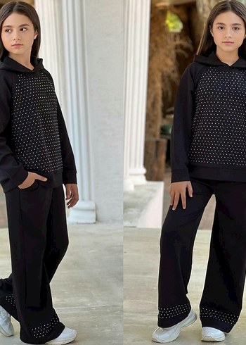 Diğer Kız Siyah Puantiyeli Sweatshirt ve Eşofman Takımı