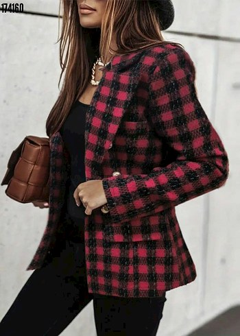 xxl Beden Kadın Bordo Kareli Düğmeli Blazer Ceket