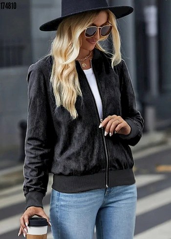 Kadın uzun kollu önden FERMUARLI süet ceket - Görsel 3