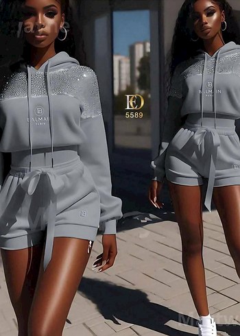 Balmain Gri Payetli Mini Straplez Kadın Eşofman