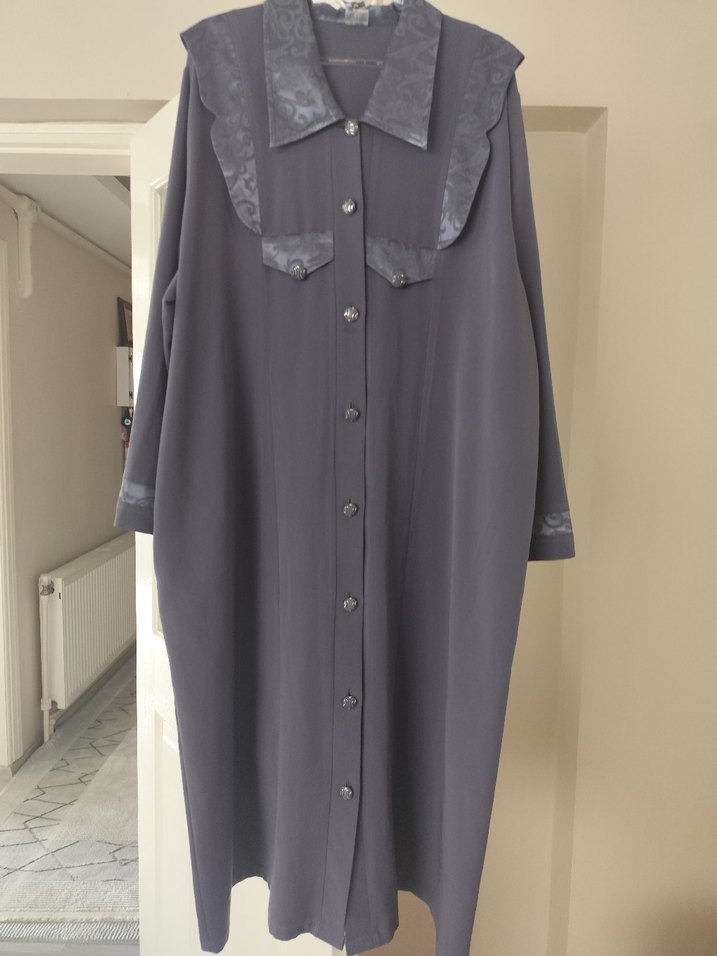 Gri Uzun Rahat Kesim Kadın Gömlek Elbise - Görsel 3