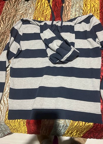 Gri Kapüşonlu Çizgili Erkek Sweatshirt - Görsel 3