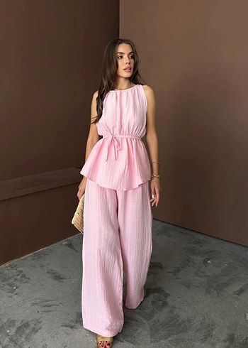 diğer Beden pembe Renk Pembe Pilili Keten Kadın Tulum