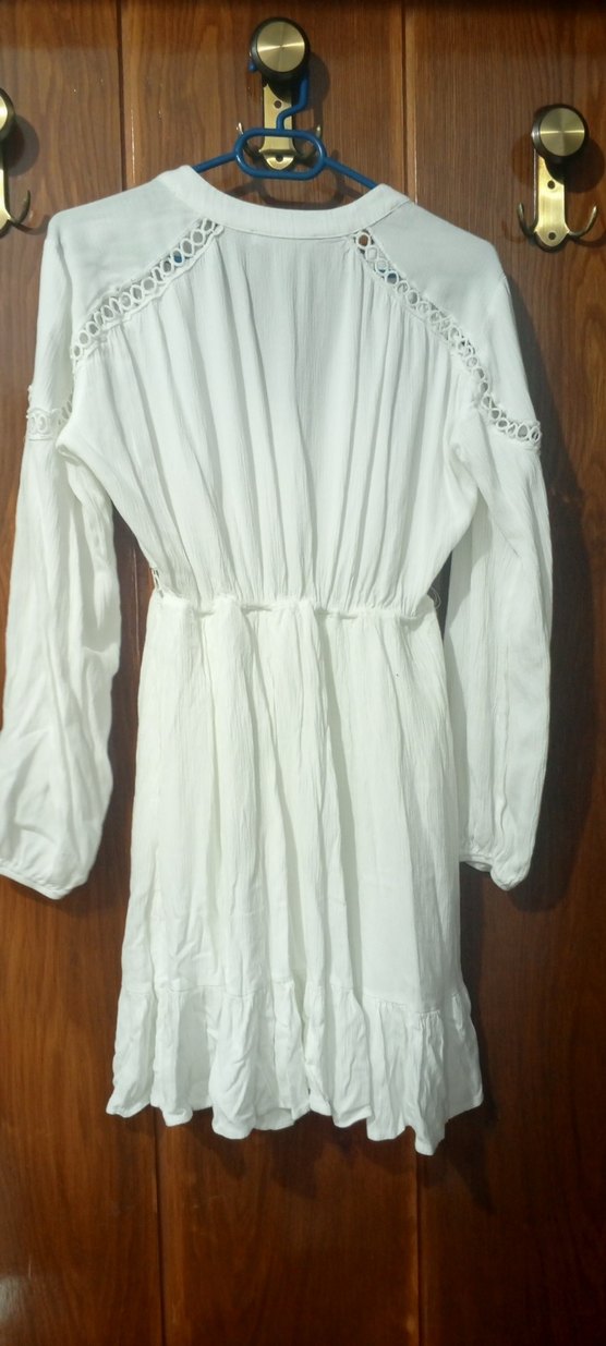 Uzun Kollu V Yaka Beyaz Bohem Elbise - Görsel 2