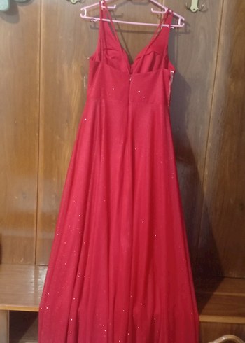 Kırmızı Uzun V Yaka Abiye Elbise - Görsel 2