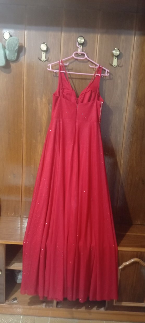 Kırmızı Uzun V Yaka Abiye Elbise - Görsel 2