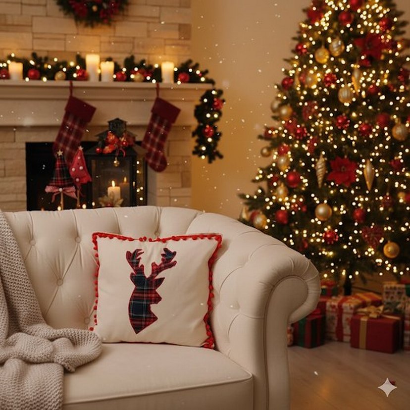 Nakışlı Bohem Geyik Desenli Kırmızı Yastık - Görsel 2