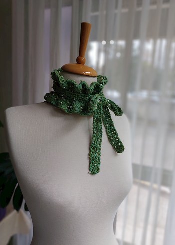 Dantel Detaylı Yeşil Triko Bohem Kadın Atkı - Görsel 5