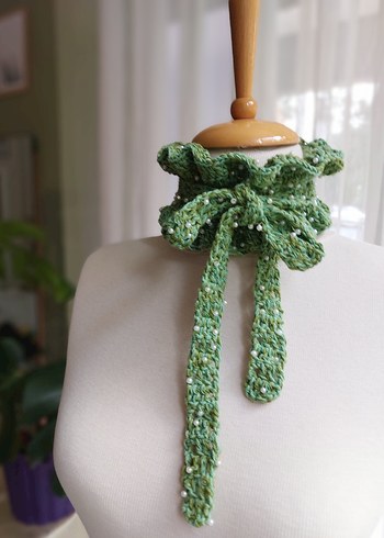 Dantel Detaylı Yeşil Triko Bohem Kadın Atkı - Görsel 3