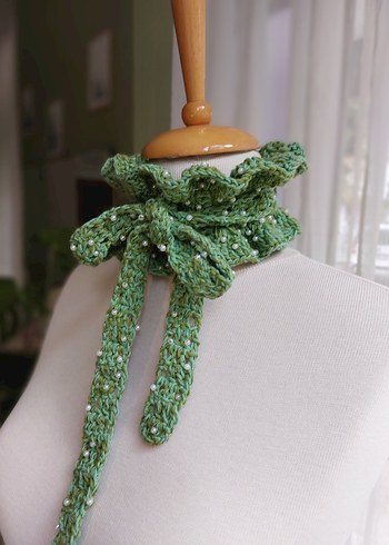 Dantel Detaylı Yeşil Triko Bohem Kadın Atkı - Görsel 2