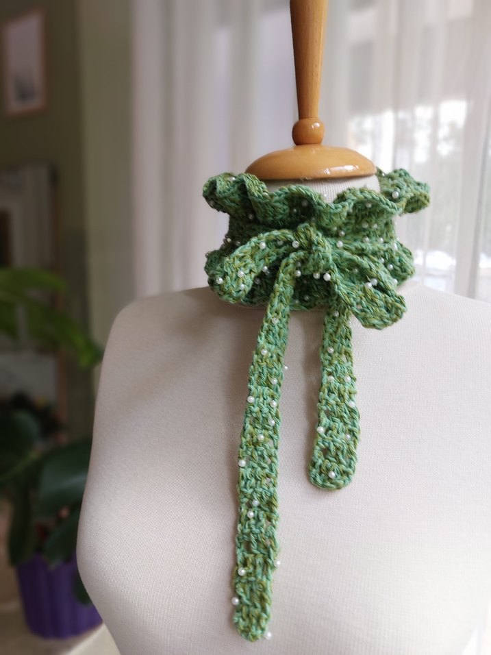 Dantel Detaylı Yeşil Triko Bohem Kadın Atkı - Görsel 3