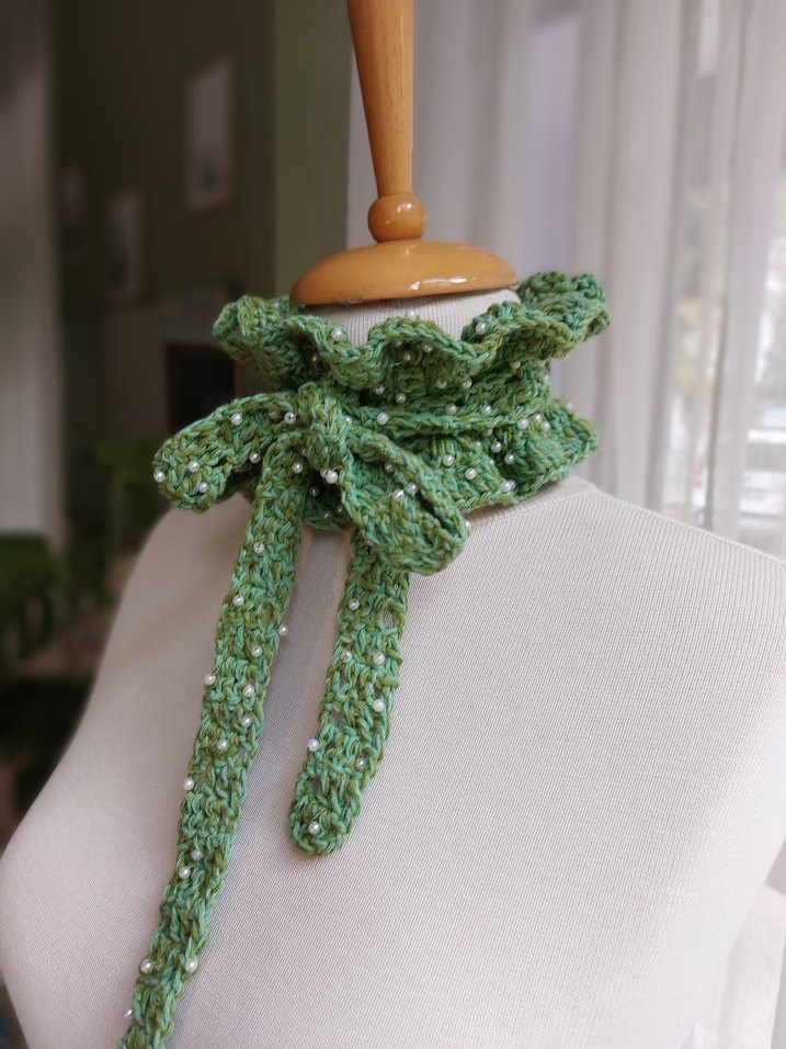Dantel Detaylı Yeşil Triko Bohem Kadın Atkı - Görsel 2