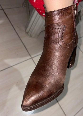 Kahverengi Deri Kadın Topuklu Bot - Görsel 5